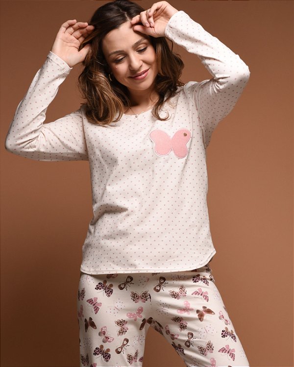 Pijama Longo adulto feminino Borboletas e poá em Algodão com Elastano
