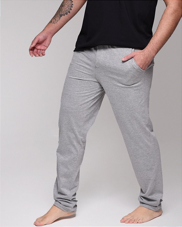Calça de Pijama Avulso em Algodão Cinza Mescla com Bolso