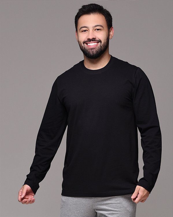 Camiseta Básica Masculino Algodão Egípcio Manga Longa PRETO