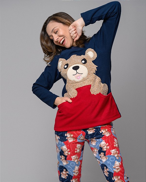 Pijama Feminino Inverno em Microsoft com Bolso Estampa Ursinhos Vermelho e Azul