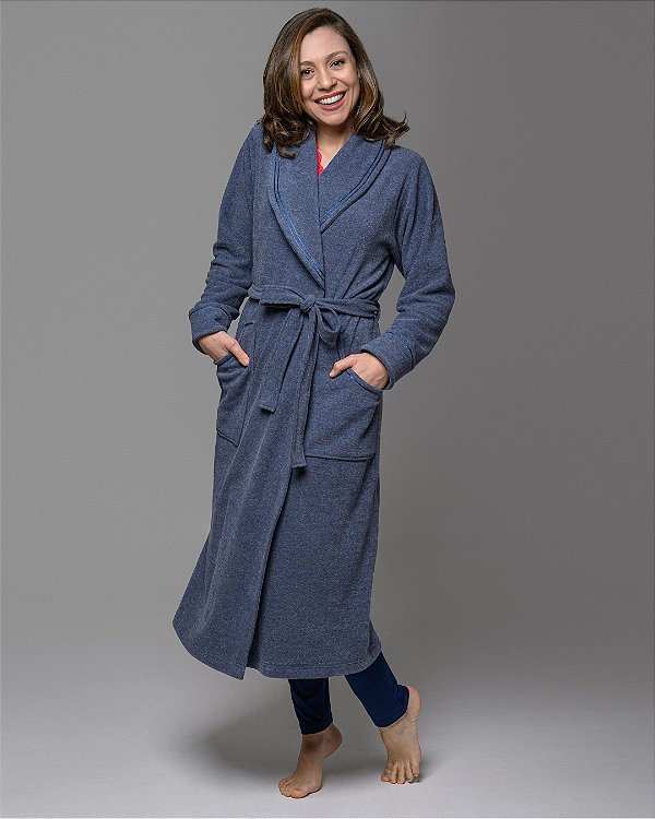 Roupão Longo Inverno Soft Glacê com Gola e Bolso Azul Jeans