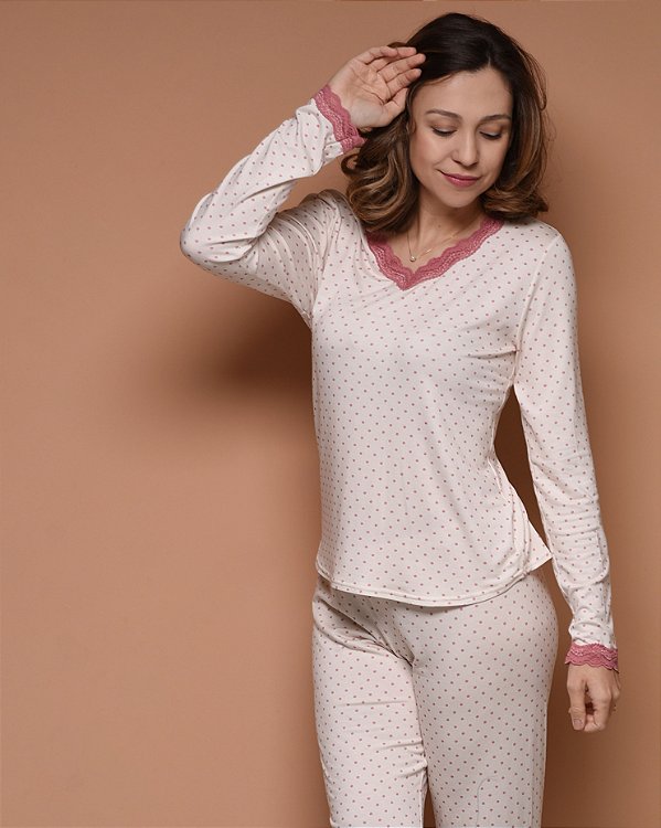 Pijama Longo Poá com Renda em  Viscose com Elastano
