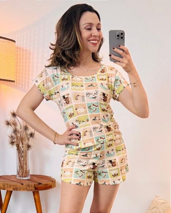 Pijama Verão Short e Manga Curta em Viscose com Elastano Dog SPA