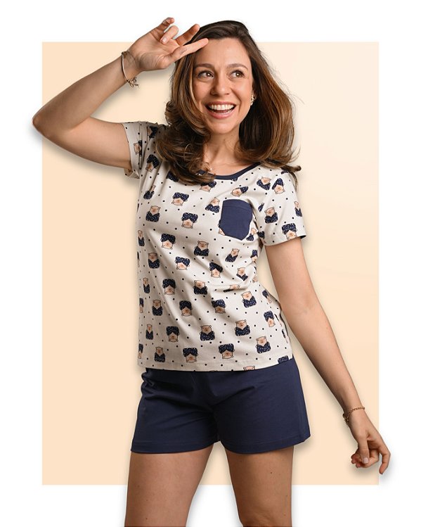 Pijama Curto Verão Feminino em Algodão com Elastano Capivara