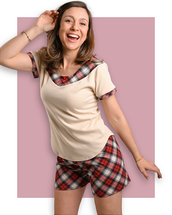 Pijama Feminino Verão em Algodão com Elastano Xadrez Natal Família