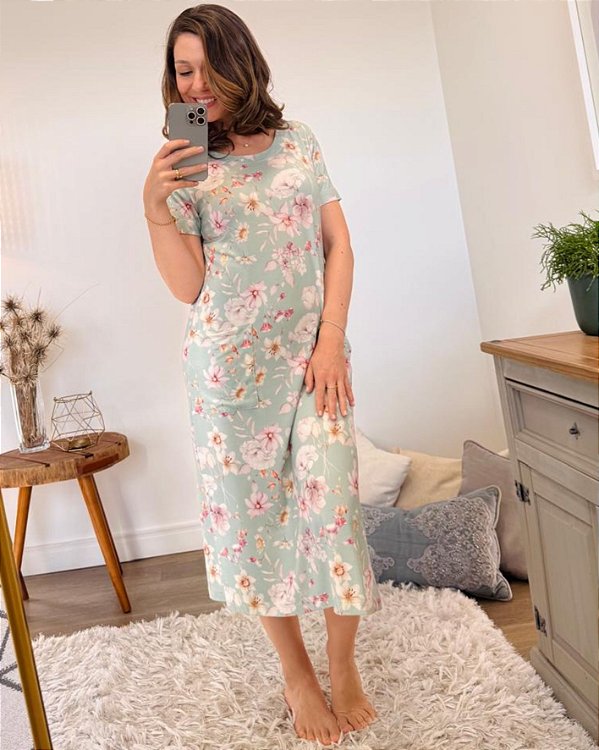 Camisola Vestido Longo Verde Menta Floral com Bolso