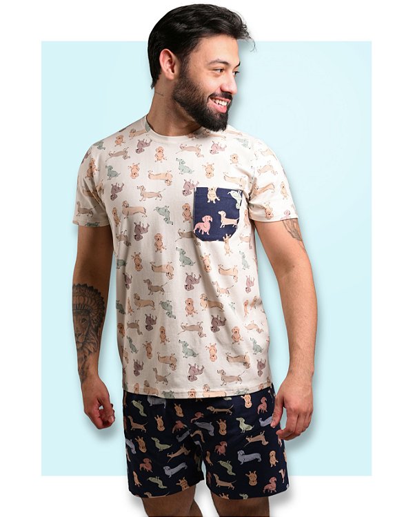 Pijama Masculino Verão em Algodão Cachorro Modelo Família