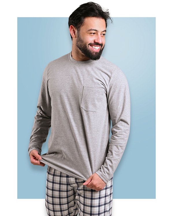 Pijama Masculino Inverno em Algodão Xadrez Cinza e Azul