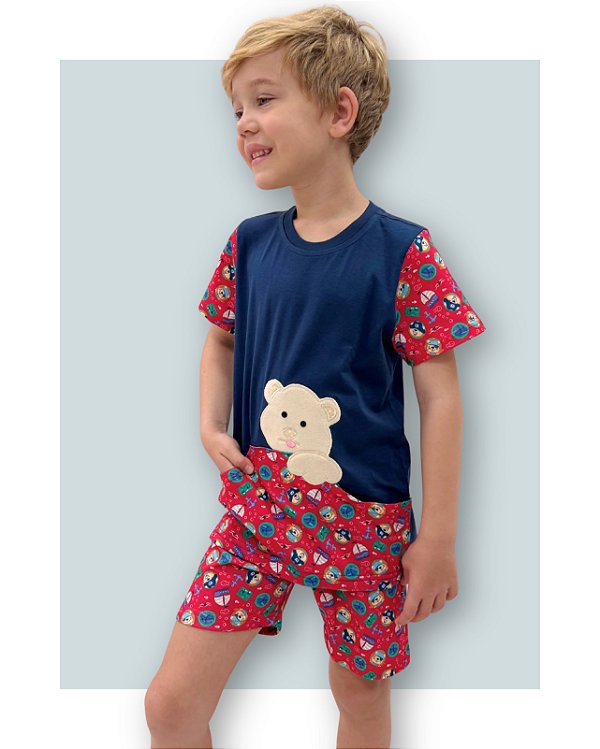 Pijama Verão Menino em Algodão com Bolso Azul e Vermelho