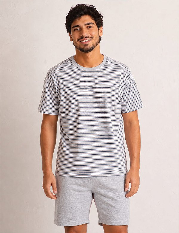 Pijama Masculino Curto em Algodão Listras Leves