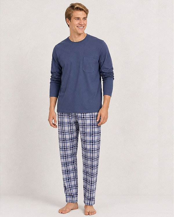 Pijama Inverno Masculino em Algodão Xadrez Azul jeans