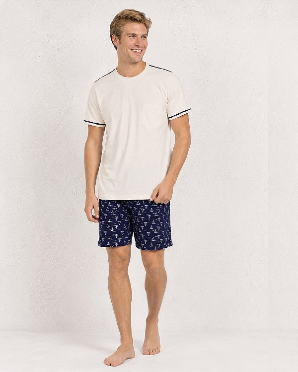 Pijama Curto Masculino em Algodão Premium estampa Barcos