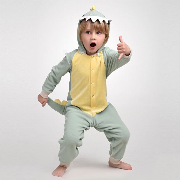Pijama Fantasia Dinossauro Inverno em Microsoft Infantil e Adulto Verde Menta