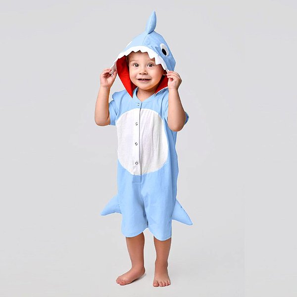 Pijama Fantasia Baby Shark Verão Infantil e Adulto em Algodão Azul