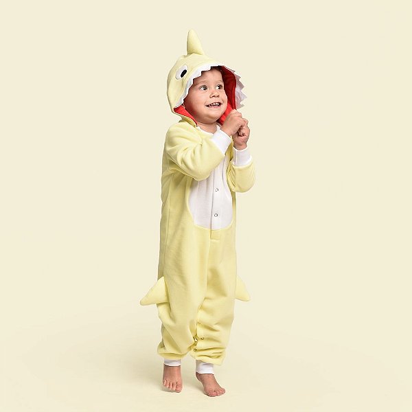 Pijama Fantasia Cosplay Kigurumi Soft Longo Inverno Infantil Baby Shark Com Capuz Removível Amarelo