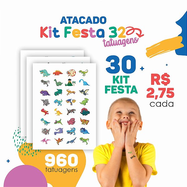 ATACADO | Tatuagem Temporária Infantil | 30 Cartelas de Kit Festa 32 (960 tatuagens)