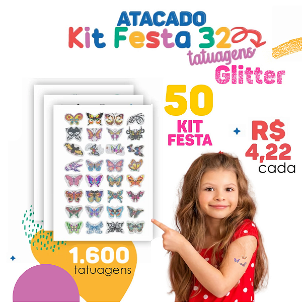 ATACADO | Tatuagem Temporária | 50 Cartelas de Kit Festa 32 Glitter 32 (1600 tatuagens)