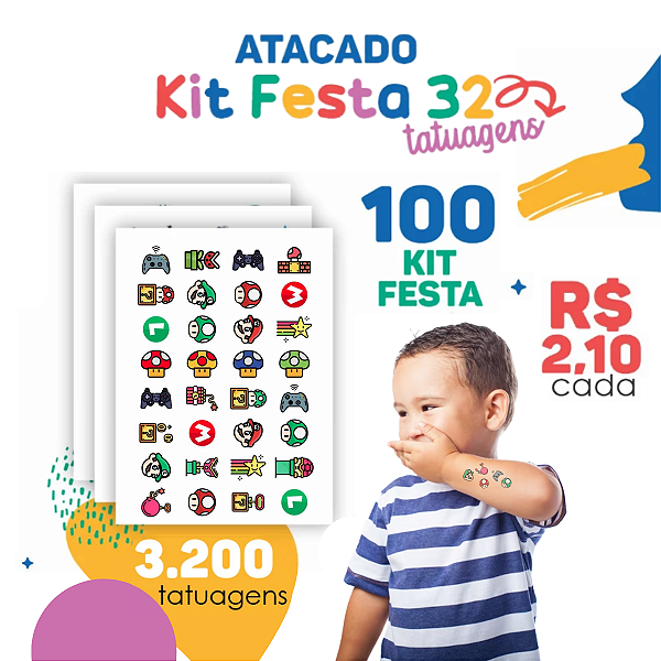 ATACADO | Tatuagem Temporária | 100 Cartelas de Kit Festa 32 (3200 tatuagens)