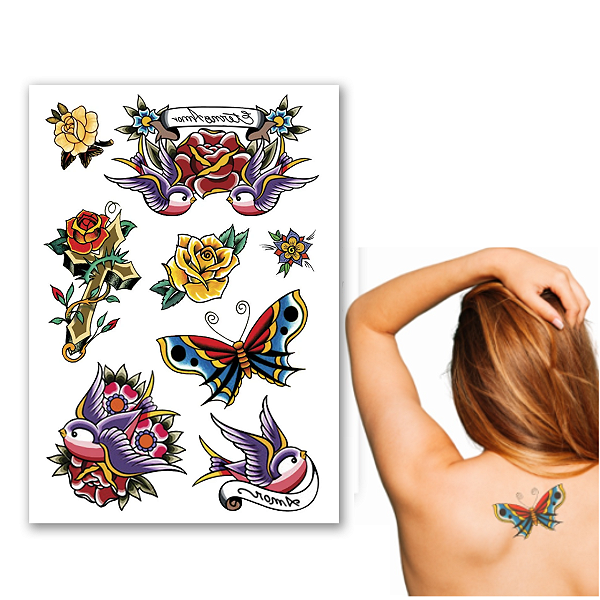Tatuagem Temporária | Vintage | Flores, borboleta e andorinhas