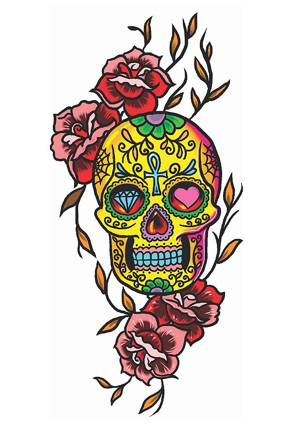 Tatuagem Temporária | Feminina Grande | Caveira Mexicana Floral