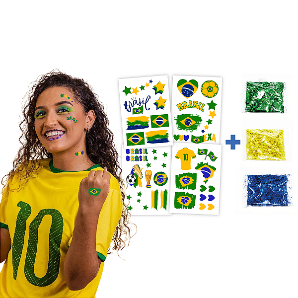 Tatuagem Temporária + Glitter Torcida Copa do Mundo | Futebol Verde e Amarelo