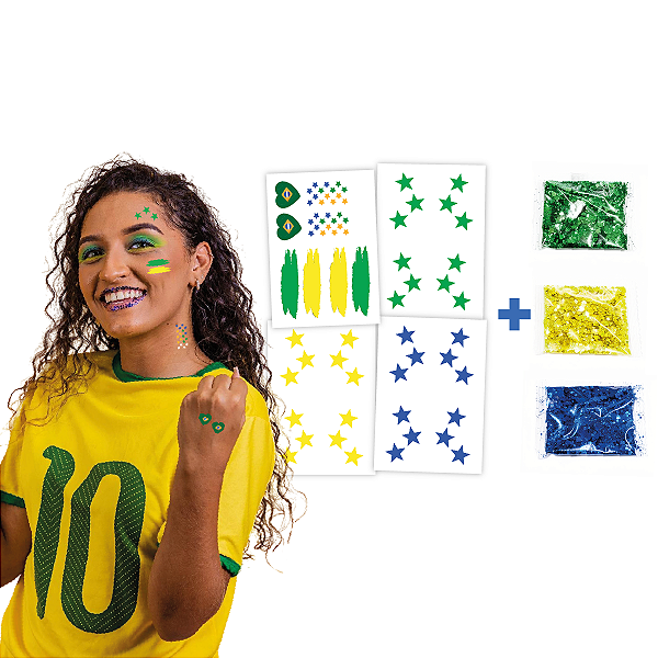 Tatuagem Temporária + Glitter Torcida Copa do Mundo | Futebol Estrelas Metalizadas