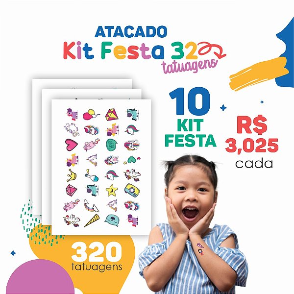 ATACADO | Tatuagem Temporária Infantil | 10 Cartelas de Kit Festa 32 (320 tatuagens)