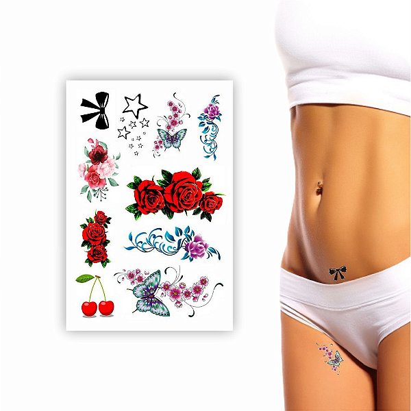 Tatuagem Temporária | Depilação 10x15cm | Flores/Cereja