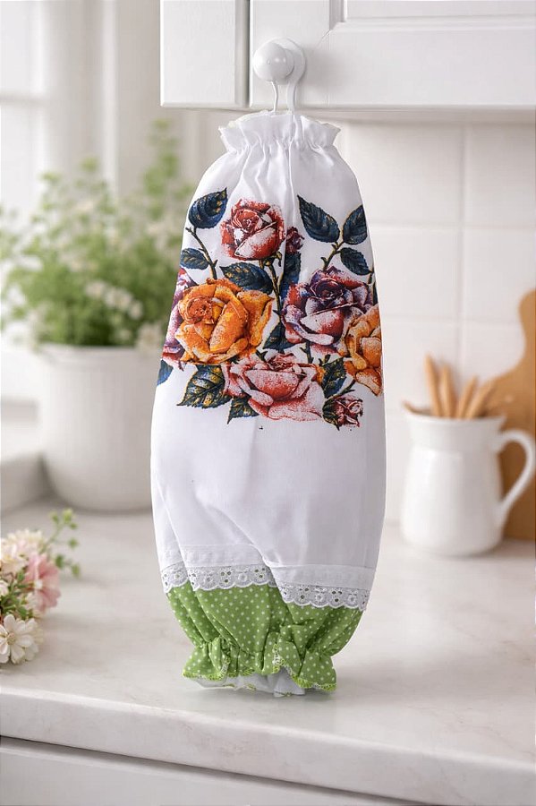 Puxa Saco / Guarda Sacolas Branco com estampas coloridas e barradinho em tecido confeccionado em tergal