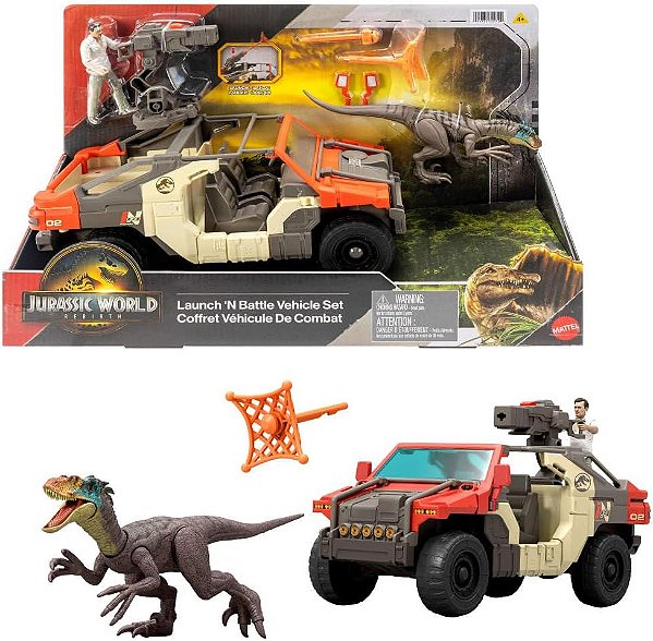 CONJUNTO VEÍCULO DE BATALHA COM VELOCIRAPTOR E MARTIN KREBS MATTEL JURASSIC WORLD REBIRTH