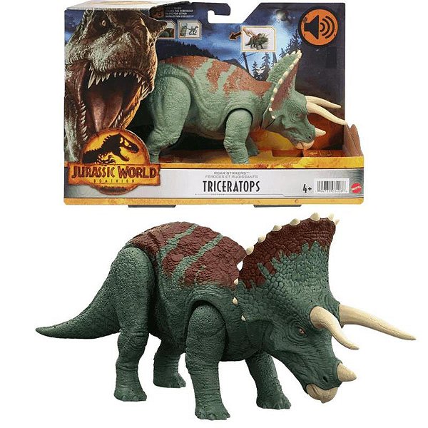 TRICERATOPS MATTEL 2022 VERDE E MARROM ROAR STRIKERS JURASSIC WORLD DOMINION RUGE E ATACA