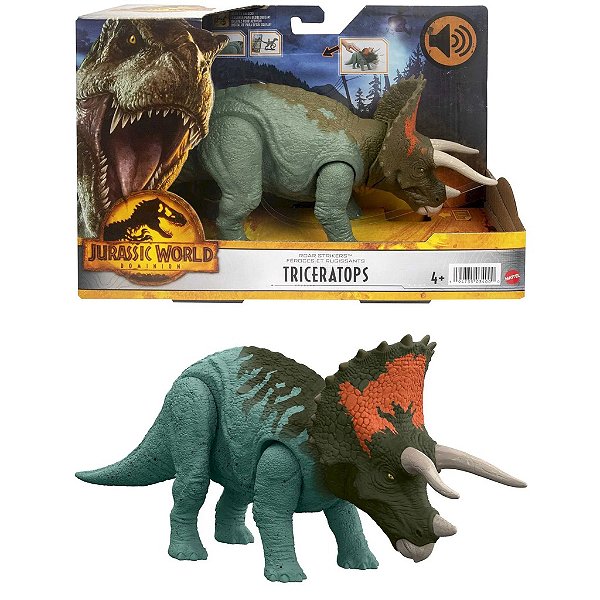 TRICERATOPS MATTEL 2022 VERDE E LARANJA ROAR STRIKERS JURASSIC WORLD DOMINION RUGE E ATACA