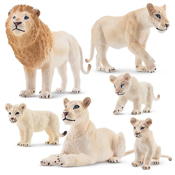 CONJUNTO DE 6 LEÕES BRANCOS TOYMANY FIGURAS DE FELINOS REALISTAS MINIATURAS COLECIONÁVEIS