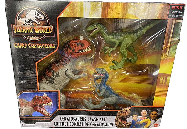 COMBATE CERATOSAURUS  VS VELOCIRAPTORES JURASSIC WORLD ACAMPAMENTO JURÁSSICO MATTEL