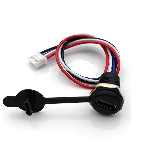 Conector USB Tipo C Fêmea para Painel Redondo com Conector JST PH2.0 4 Vias