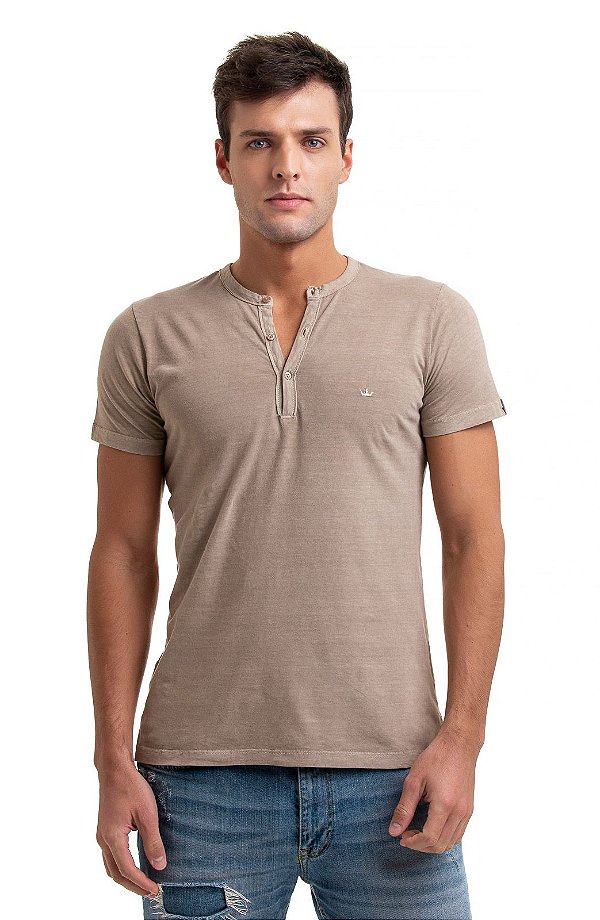 Camiseta henley portuguesa manga curta bege