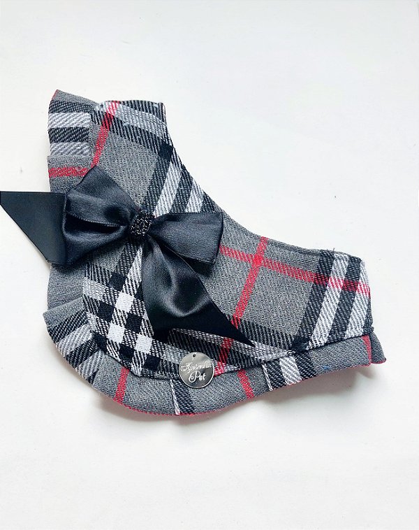 Bandana pet xadrez de flanela com laço preto