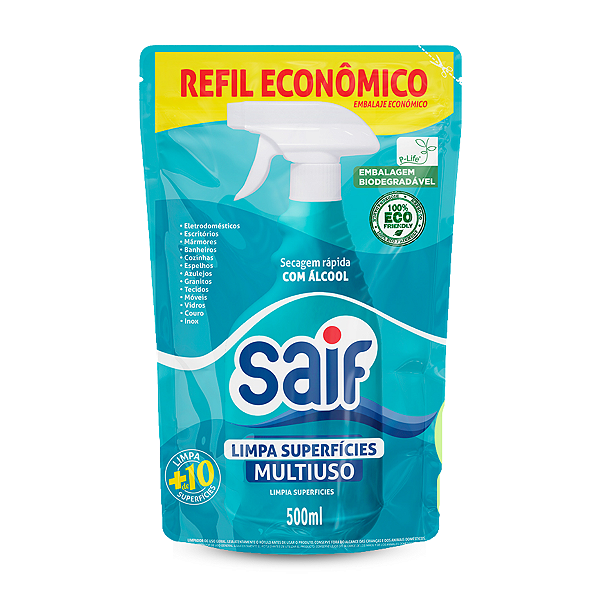 Limpa Superfícies Multiuso Sachê Saif 500Ml, Limpador Multiuso De Superfícies Sachê, Azul Turquesa, Secagem Rápida Com Á