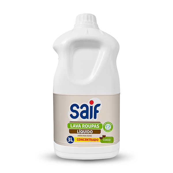 Lava Roupas Líquido Concentrado Coco Saif 3L, Sabão Líquido Lava Roupa Perfumado, Cinza, Suave Com Todos Os Tipos De Tec