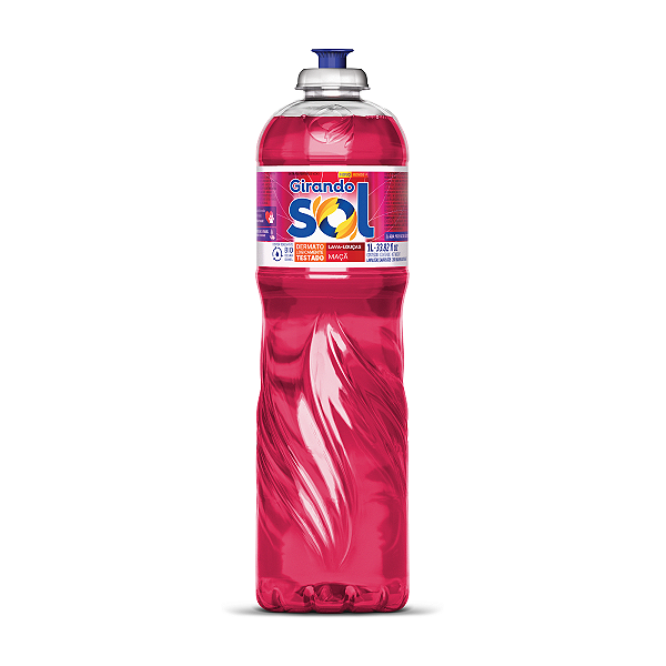 Detergente Lava-Louças Maçã Girando Sol 1L, Detergente Líquido Para Lavar Louças, Vermelho, Contém Tensoativo Biodegradá