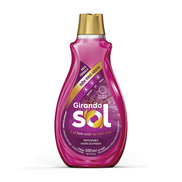 Limpador Perfumado Encantos Da Primavera Girando Sol 500Ml, Higienizador Multiuso Perfumado, Rosa, Perfumação Prolongada