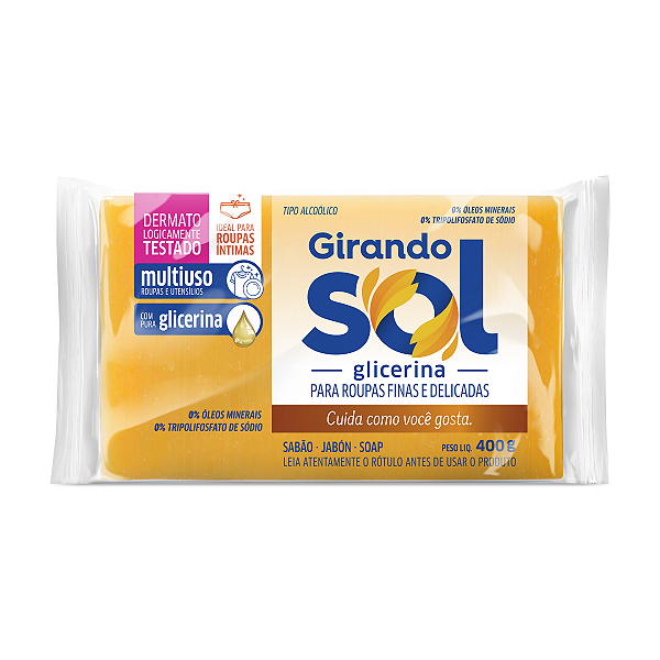 Sabão Em Barra Glicerina Girando Sol 400G, Sabão Glicerinado Em Barra Multiuso, Amarelo, Com Pura Glicerina, Rende E Dur