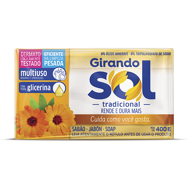 Sabão Em Barra Tradicional Girando Sol 400G, Sabão Tradicional Em Barra Multiuso, Amarelo, Eficiente Na Limpeza Pesada,