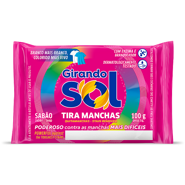 Tira Manchas Em Barra Girando Sol 100G, Sabão Em Barra Tira Manchas, Rosa, Poderoso Contra As Manchas Mais Difíceis, Bra