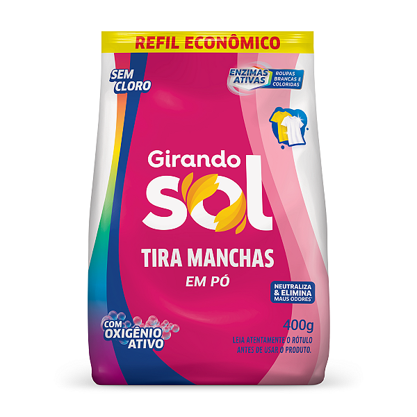 Tira Manchas Em Pó Sem Cloro Sachê Girando Sol 400G, Sabão Em Pó Tira Manchas, Rosa, Poderoso Contra As Manchas Mais Dif
