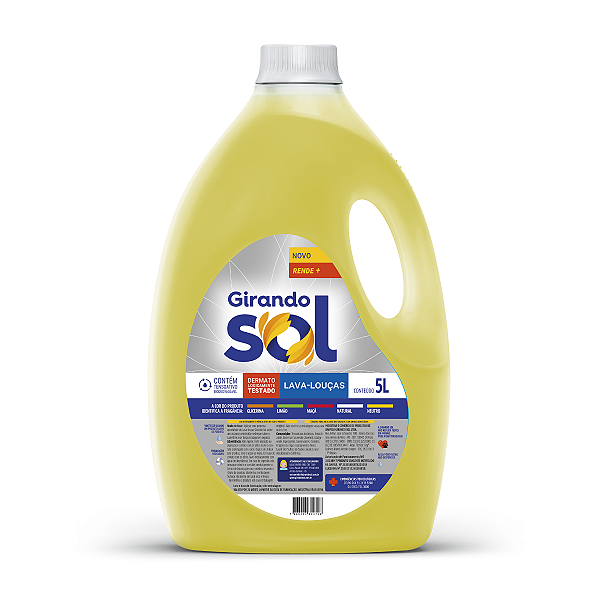 Detergente Lava-Louças Neutro Girando Sol 5L, Detergente Líquido Para Lavar Louças, Amarelo, Contém Tensoativo Biodegrad