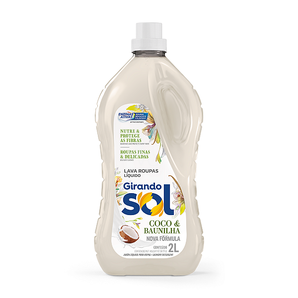 Lava Roupas Líquido Coco E Baunilha Girando Sol 2L, Sabão Líquido Lava Roupa Perfumado, Branco, Ação Delicada, Proteção