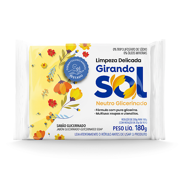 Sabão Em Barra Neutro Glicerinado Girando Sol 180G, Sabão Neutro Em Barra Multiuso, Amarelo, Com Pura Glicerina, Rende E