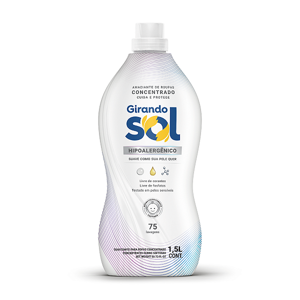 Amaciante Concentrado Hipoalergênico Girando Sol 1,5L, Amaciante De Roupas Concentrado, Branco, Suave Como Sua Pele Quer