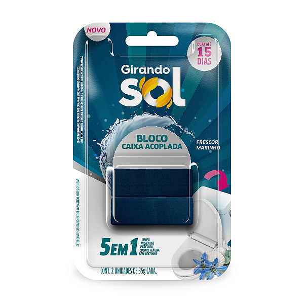 Bloco Sanitário Para Caixa Acoplada Frescor Marinho Girando Sol 70G, Desodorizador Sanitário Perfumado, Azul, Dura Até 1